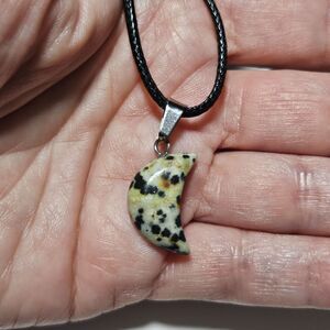 **Final Sale** Dalmatian jasper crescent moon pendant necklace 25-27"